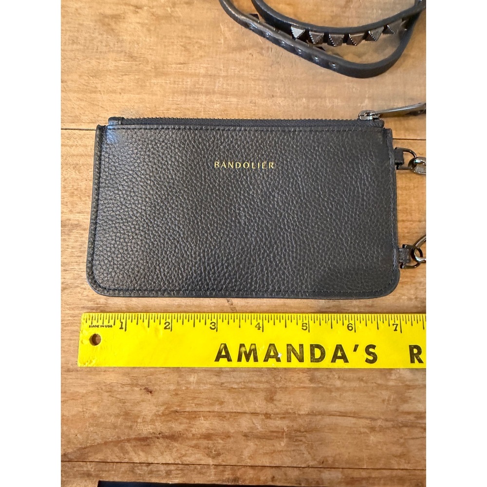 Bandolier Black Pebbled Leather Pouch Studded Crossbody Strap Gunmetal Hardware - Picture 7 of 11